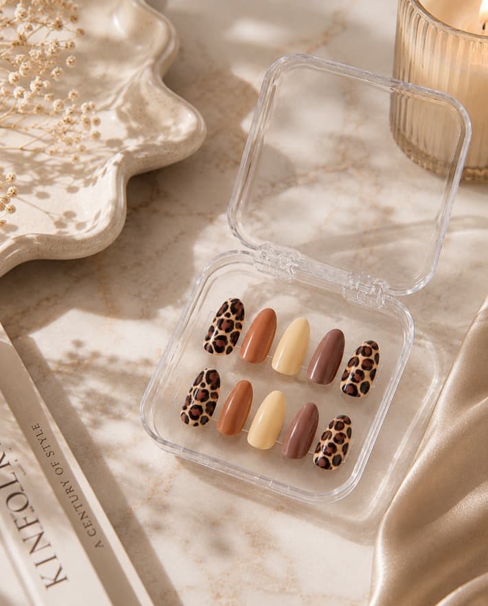 Autumn Instinct — Leopard print paired with solid caramel, cream and mauve nails, candlelit and warm