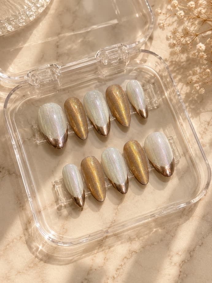 Champagne Silk — Iridescent pearl-white nails with bronze-gold chrome dipped tips