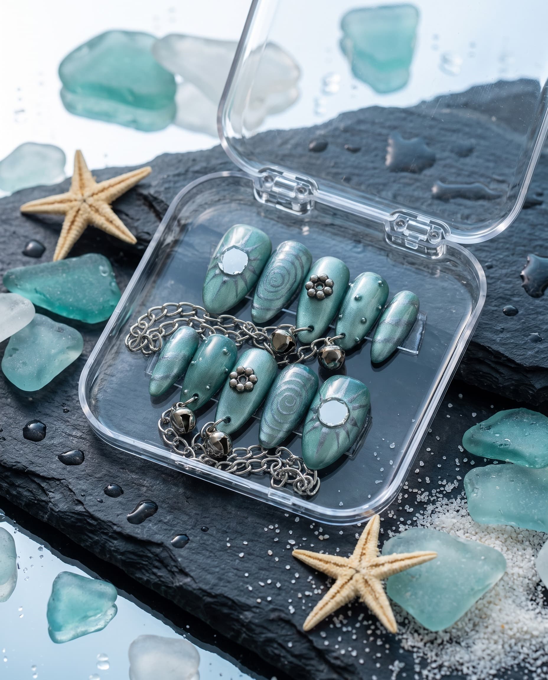 Dandiya Nights (Cat Eye) — Iridescent teal with mirror-work sun, spiral, and a real ghungroo bell chain — Navratri ready