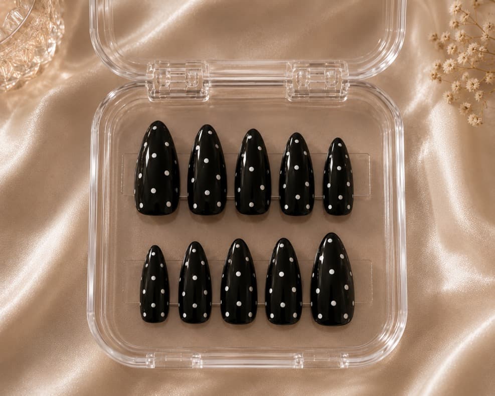 Dot Affair — Glossy black nails with crisp white polka dots