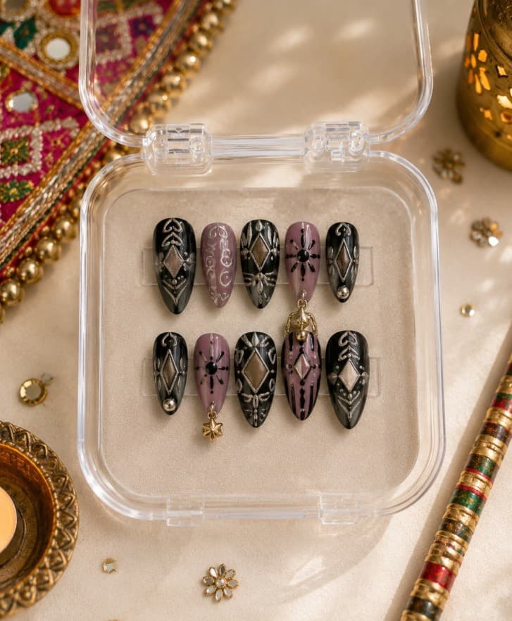 Garba Glam — Black and mauve nails with silver mirror-diamond inlays and dangling gold charms, cat eye finish