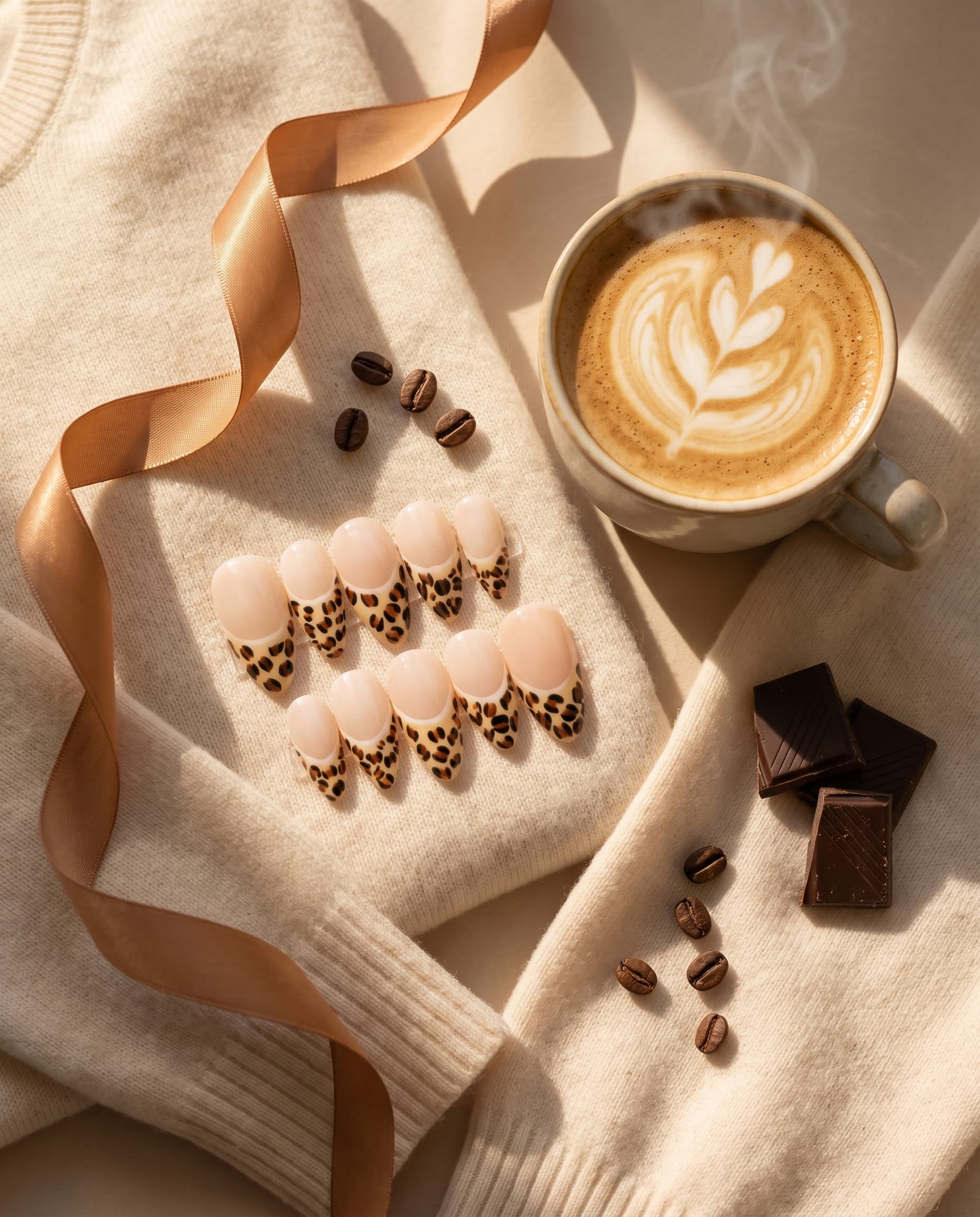 Leopard Latte — Nude French with leopard tips, styled café-warm with latte and caramel tones