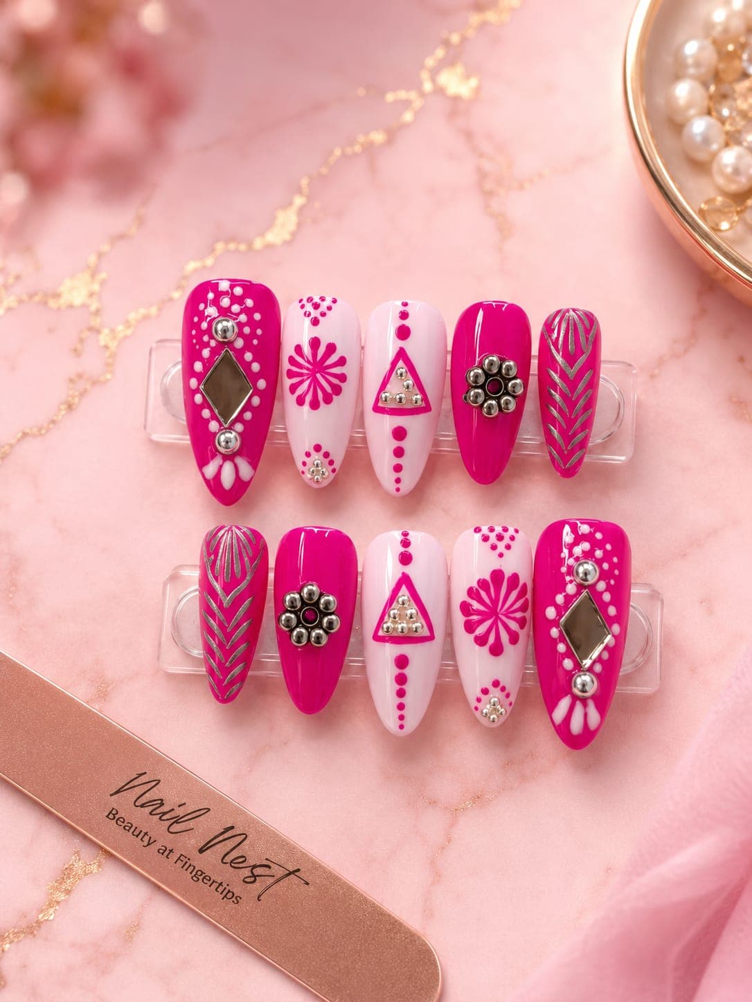 Magenta Deco — Hot pink and white geometric mosaic, mirror diamonds and silver studs
