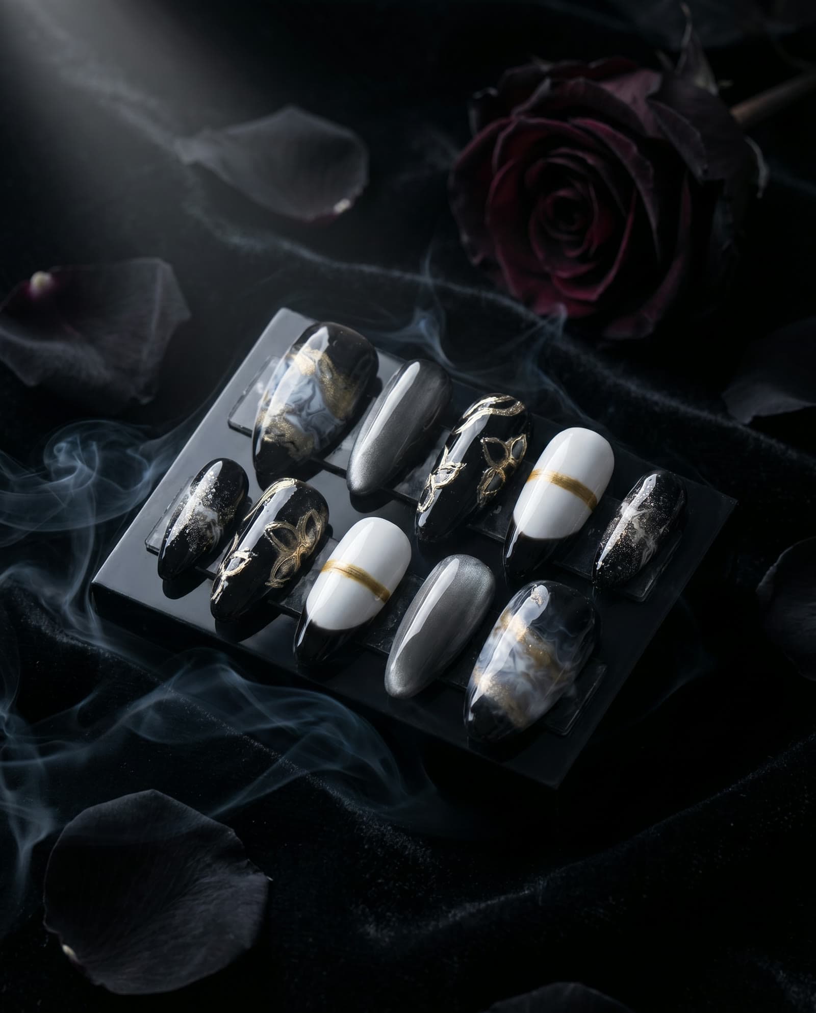 Midnight Luxe — Black, white and gold marble with gold vine linework — the signature luxury drop