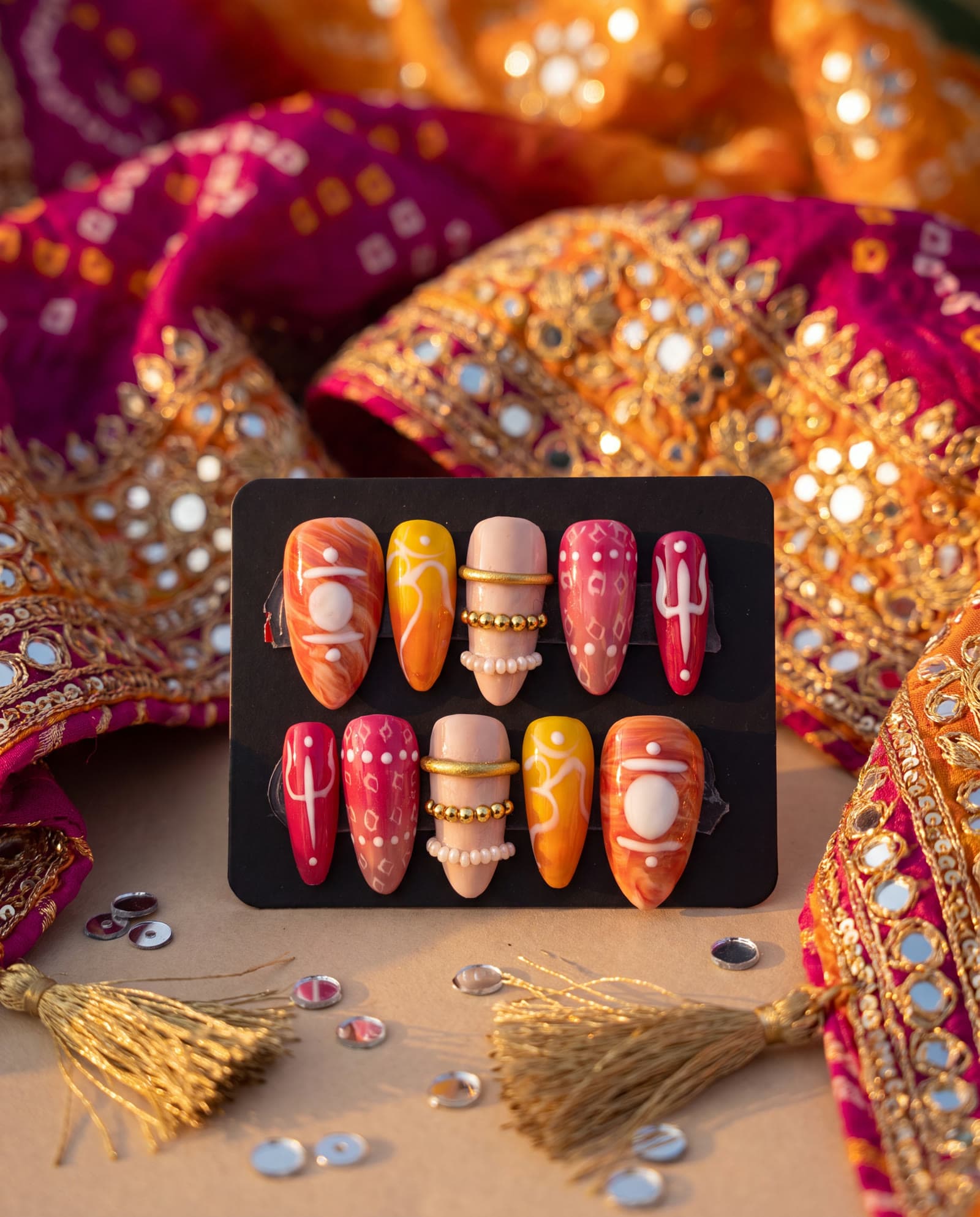 Navratri Nights — Hand-painted Om and trishul on saffron and magenta, gold beads and pearls