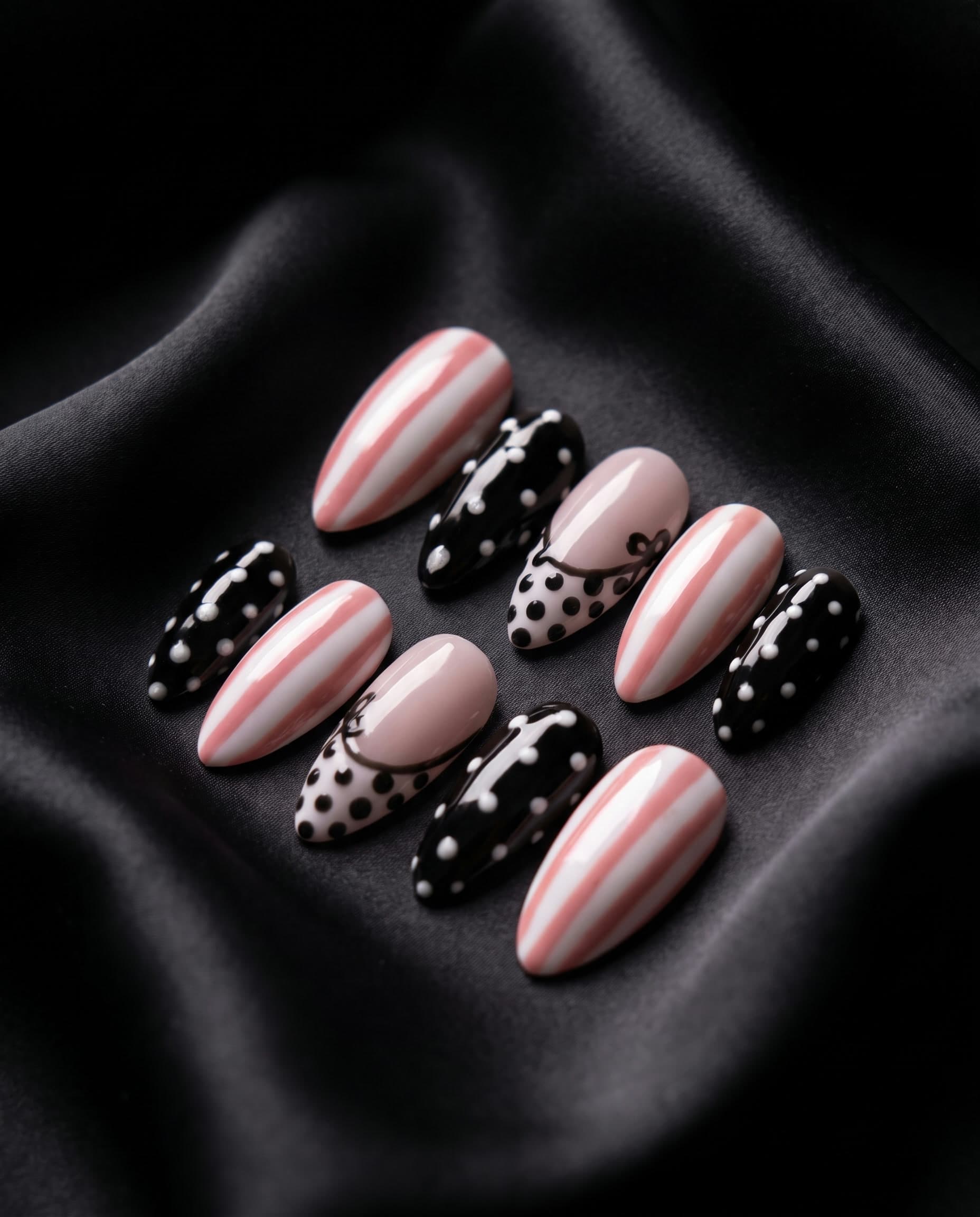 Candy Dot — Peach candy stripes and black polka dots, styled in graphic monochrome silk
