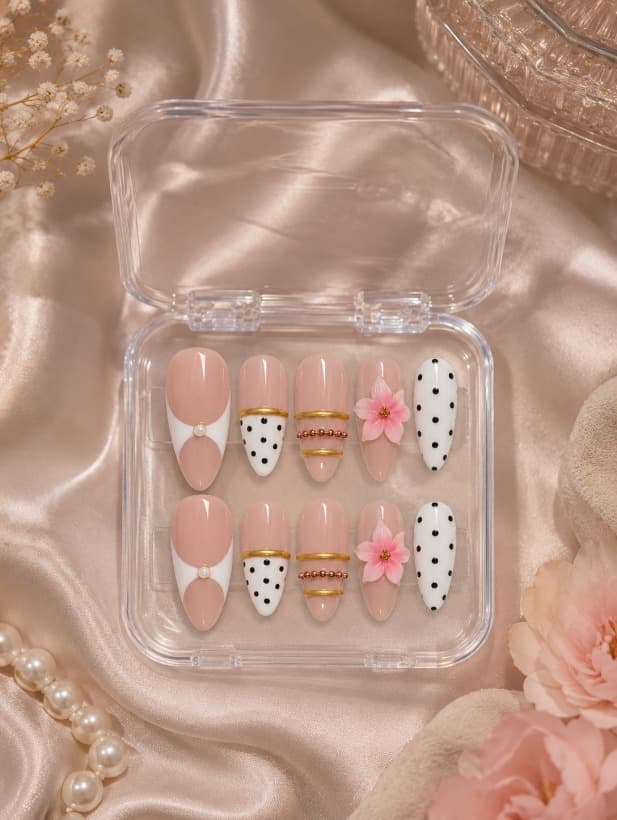 Petals with Polka — Nude negative-space nail with a pearl-and-gold stud, gold-ring French tips, a rose-gold ball-chain stripe, a 3D pink flower and a black polka-dot nail