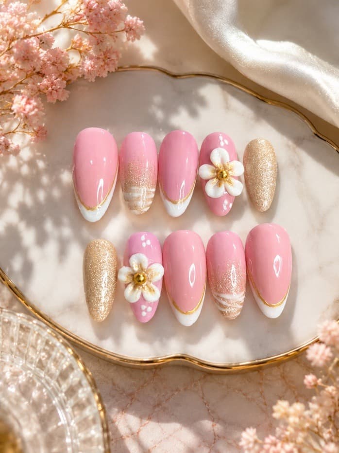 Pink Petals — Pink and gold-glitter nails with two 3D white flower charms