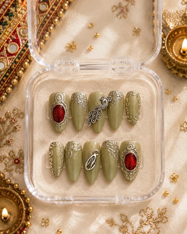 Raas Leela — Sage-olive nails with silver filigree, a peacock charm and red gem accents, cat eye finish