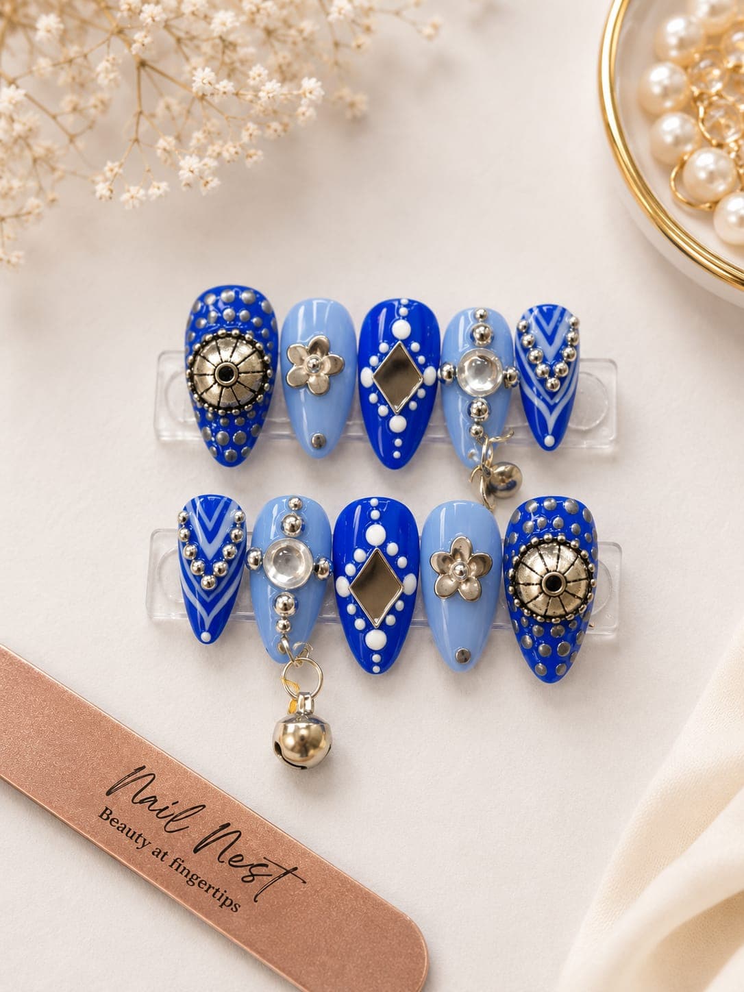 Shahi Blue — Royal and sky blue with silver flower charms and dangling bells