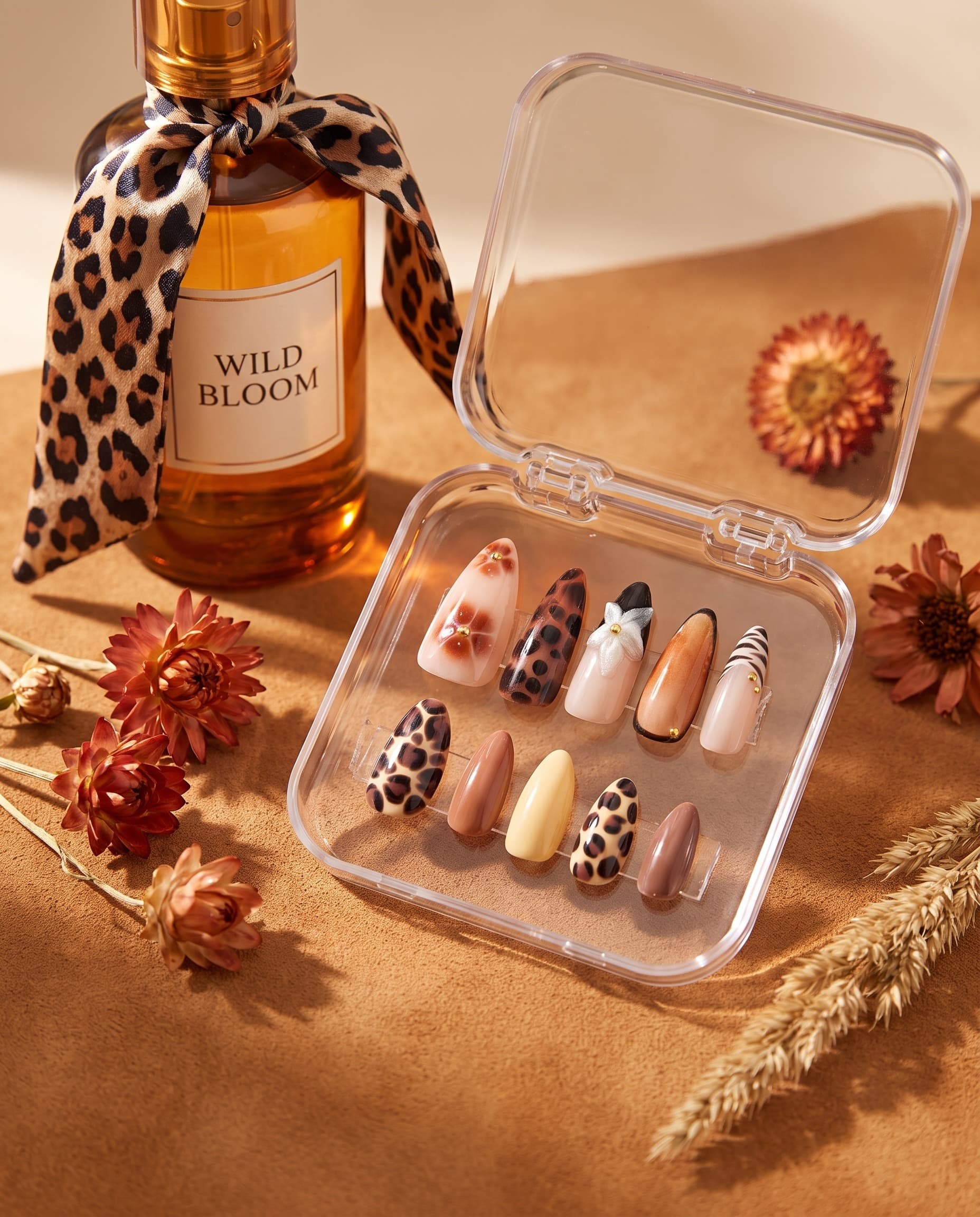 Wild Bloom — Leopard print, rust-terracotta florals with gold studs, and a white flower appliqué — warm and mixed