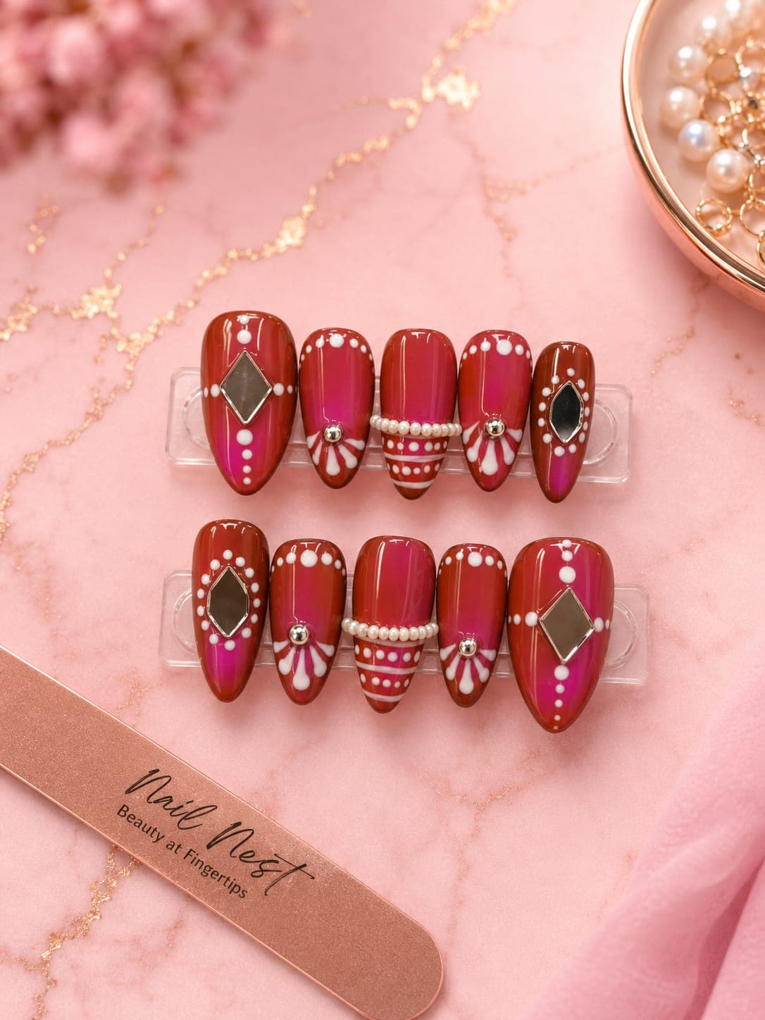 Ruby Couture — Maroon-to-magenta ombre with a pearl chain and mirror diamonds